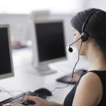 business people group with  headphones giving support in  help d